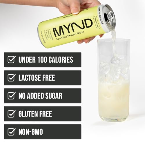 Image of MYND Sparkling Protein Water, Clear Protein Drink - 20g Whey Protein Isolate Per Can, 12 Pack - Lactose Free, Gluten Free, No Added Sugar - Ready-to-Drink Carbonated Protein Drinks - Lemon Ginger