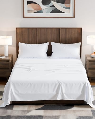 Olympic Queen Sheet Set 66x80 Luxury RV Olympic Queen Sheets Soft Cooling Comfy & Breathable - 1 Flat 1 Fitted & 2 Pillowcases w/ 14 to 16 Deep Pockets Wrinkle Resistant & Fade Free White