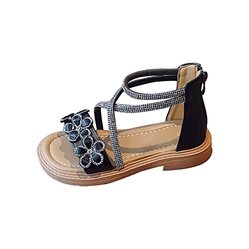 Children's Girls Summer Sandals With Zipper Flower Rhinestone Open Toe Sandals Roman Sandals Beach Earth Wedge