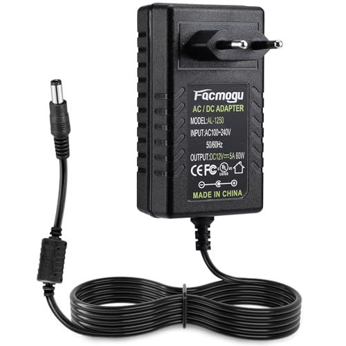 Facmogu 12V 5A 60W Stromversorgungsadapter, AC 100-240V auf DC 12V Wandadapter Euro Stecker, 60W Adapter für LED Lichtleisten/Monitore/TV/CCTV/Verstärker/Kameras, 5.5 x 2.5mm & 5.5 x 2.1mm DC Jack