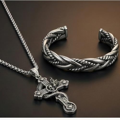 Image of THE MEN THING Combo Cobra Cross Pendant x Twisted Texture Bangle Bracelet| Bold Style Set for Men