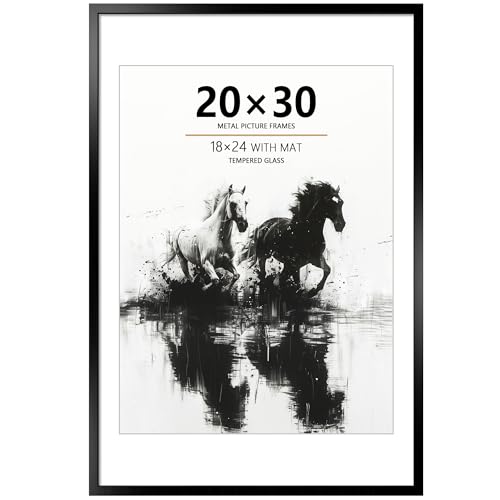 Tinkeps 20x30 Metal Poster Frame - 20 x 30 Aluminum Picture Frame with Mat for 18x24 Photo, Tempered Glass Cover, Black Wall Hanging Photo Frame for Home Décor
