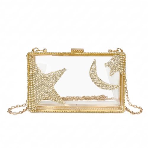 Image of Ladies Clear Acrylic Moon and Star Rhinestone Chain Bag Sparkly Transparant Clutch Purse for Women Evening