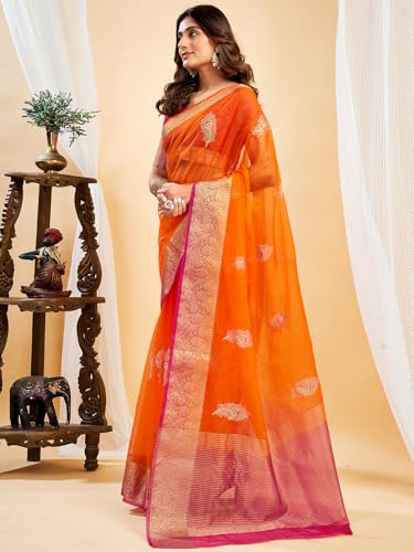 Image of Satrani Women's Organza Sequins Embroidery Jacquard Saree with Unstitched Blouse Piece