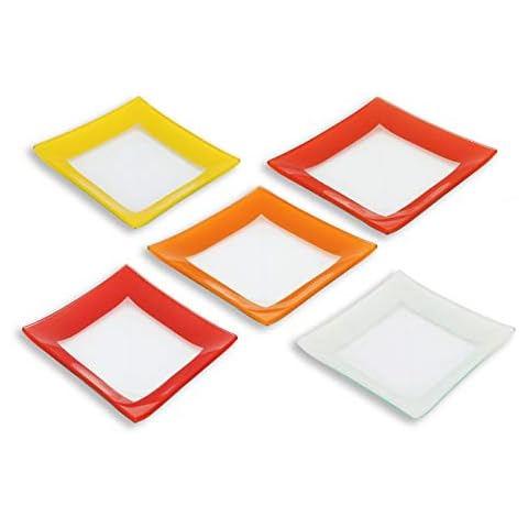 GAC Unique Design Assorted Red Colors Square Tempered Glass Dessert Plates - 6 Inch - Set of 5 - Break Resistant - Oven, Microwave, and Dishwasher Safe - Attractive Multi-Colored Salad Plate Set Cover