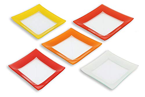 Gac Unique Design Assorted Red Colors Square Tempered Glass Dessert Plates – 6 Inch – Set Of 5 – Break Resistant – Oven, Microwave, And Dishwasher Safe – Attractive Multi-Colored Salad Plate Set #TOP13