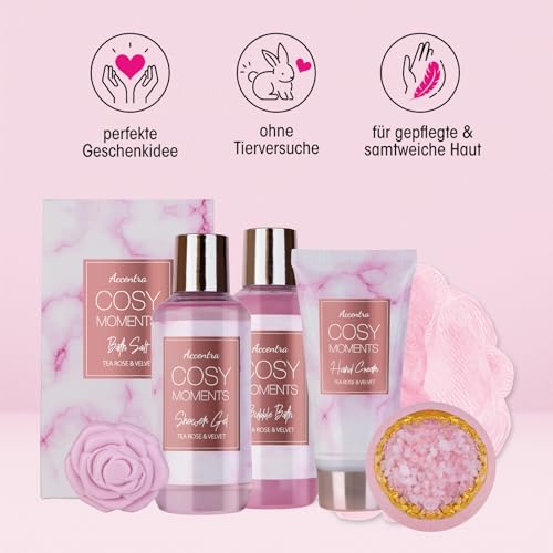 Accentra Cosy Moments Bath Set Gift Set for Women with 150 ml Shower Gel, 150 ml Bubble Bath, 150 g Bath Salt, 90 g Bath Bomb, 60 ml Hand Cream, 30 g Soap and 15 g Mesh Sponge in Shiny Bathtub