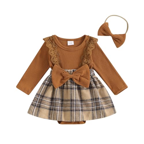 FOCUSNORM Newborn Baby Girl Outfits Infant Long Sleeve Plaid Print Romper Dress with Headband Set Infant Fall Winter Clothes (Plaid Coffee, 0-3 Months)