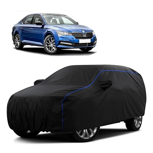 Image of Sulfar 100% Water Resistant Car Body Cover Compatible with Mirror for Skoda Superb (Triple Stitched, Full Bottom Elastic, Black Tafetta with Blue Piping)