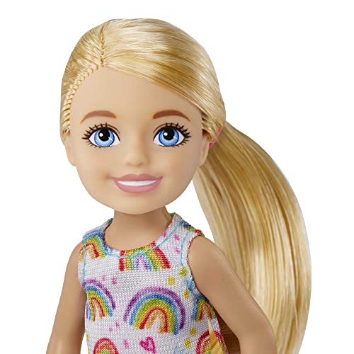Barbie Chelsea Doll (Blonde) Wearing Rainbow-Print Dress And Yellow Shoes, Toy For Kids Ages 3 Years Old & Up #TOP1