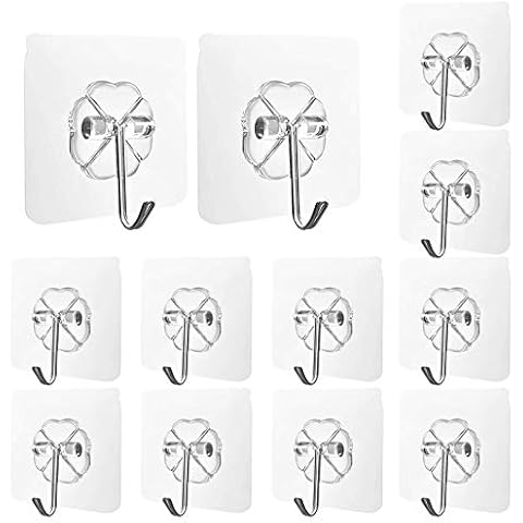 YOUYIKE 12 Pcs Transparent Adhesive Hooks, 20 kg Max, Adhesive Wall Hooks, Small Sticky Hooks, Heavy Duty Self Adhesive Hooks, Adhesive Ceiling Hooks, for Kitchen, Bathroom, Bedroom, Office Cover