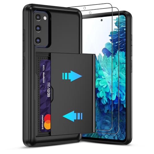 Pilaru Sliding Card Holder Case for Samsung S20 FE | Hidden Slot Cards | 2 screen protectors | Shockproof & Anti-Slip Protective Wallet Cover | Durable Dual-Layer Design for Galaxy S20 FE Black