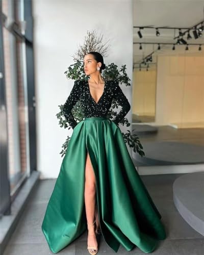 Prom Dresses Sequin V-Neck Long Sleeve Satin Floor-Length Formal Evening Party Gowns with Slit3