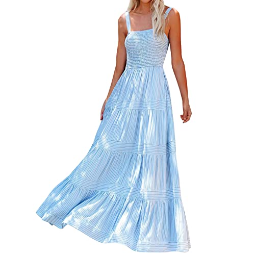 Robe rouge été femme décontracté d'été Boho maxi vêtements ceinture sans manches robe longue plage robe femme manches longues longueur genou, bleu clair, XL