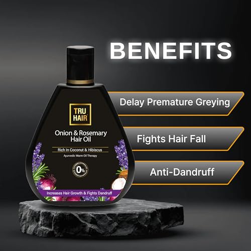 Image of TRU HAIR & SKIN Onion & Rosemary Hair Oil with Free Heater | Fights hair fall & promotes hair growth -50 ml | 100% pure and natural