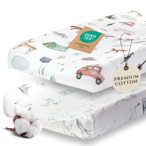 Image of Pobibaby 2 Pack Changing Pad Covers for Boys - Premium Cotton Blend Baby Diaper Changing Table Cover, Soft Breathable Boy Nursery Pad Sheets for Standard Pads 16x32 Newborn Bedding (Explore)