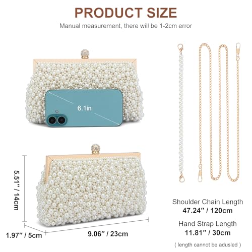Image of UBORSE Women Pearl Clutch Bag Noble Crystal Beaded Evening Bag Wedding Clutch with Pearl Chain