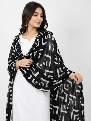 Image of Tz-Women's Pure Cotton Dupatta, Black and White Floral Print, 2.5 Metres, Lightweight Summer Wrap pk-001
