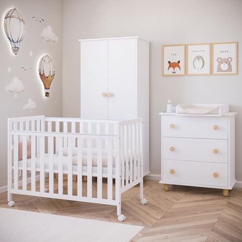 zee Bambi Cuna Colecho Bebe 120x60 cm Blanca con Ruedas Lateral Abatible Somier Regulable 3 Alturas Cuna Portatil Bebe