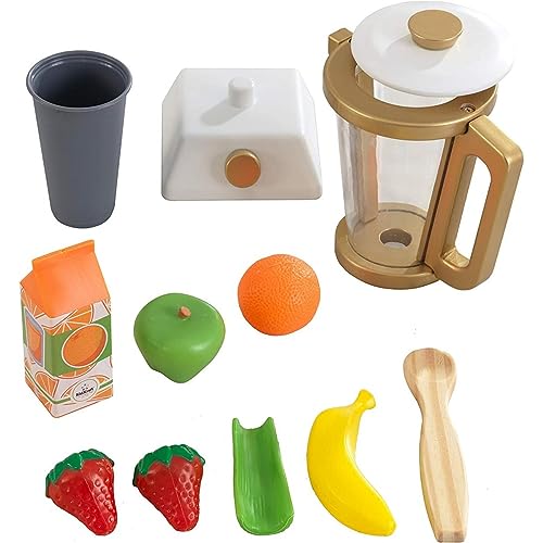 KidKraft Batidora de Vaso de Juguete de Madera Dorada con Frutas, Accesorios de Cocina de Juguete,...