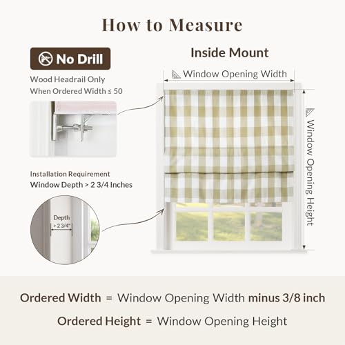 Image of TWOPAGES No Drill Cordless Buffalo Plaid Roman Shades Gingham Checkered Roman Blinds for Windows, Custom Made Room Darkening Blinds Farmhouse Shades, Khaki Grid, 1 Piece