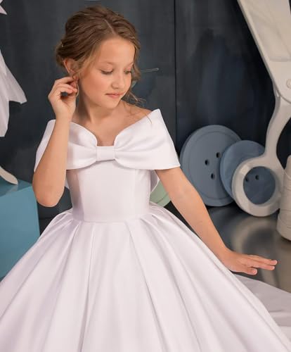 Off Shoulder Satin Flower Girl Dress Kids Princess First Communion Dress Long Formal Prom Ball Gowns Bow Knot4
