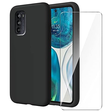 LYZXMY Case for Motorola Moto G82 5G / Moto G52 4G (6.6") + Tempered Film Glass Screen Protector - Black Silicone Soft TPU Cover Shell Cover