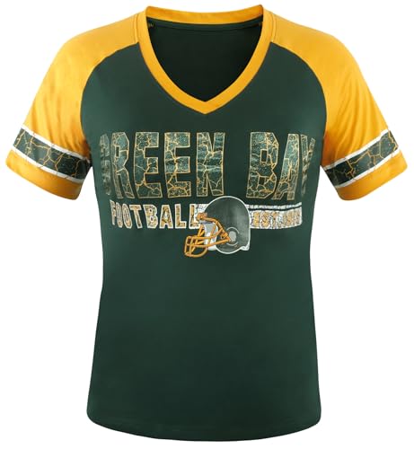 Womens City Football Fans Vintage Sporty V Neck Tee Shirts - Green & Yellow Size: Medium