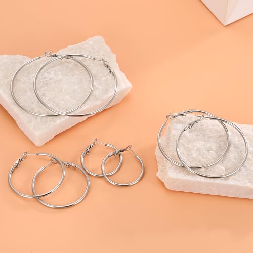 Image of 4 Pairs Silver Gold Hoop Earrings for Women | 14K Gold Plated Hoop Earrings Set Hypoallergenic Earring Lightweight Dangle Earrings Set