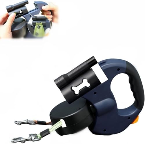 Allungabile a 360° - senza grovigli - con luce LED - Maniglia leggera per passeggiare - Pulsante di blocco e blocco - Guinzaglio doppio retrattile per 2 cani di piccola taglia - 10 m - Blu