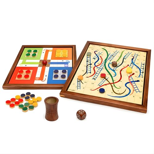 Image of Wooden Ludo Board Game with Snakes & Ladders - 2 in 1 Handmade Pure Rosewood Board Game | Classic Family Indoor Game for Kids & Adults | Travel Friendly Traditional Game with Dice & Pawns (10.5 Inch)