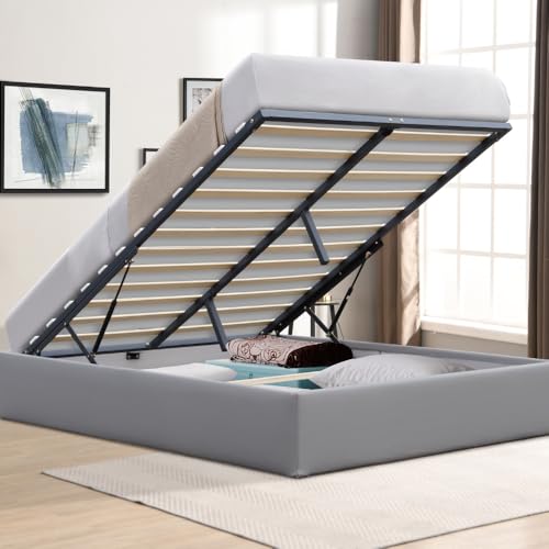 King of Dreams Solide Lit Coffrer Gris + Pieds pour Matelas 140x200 cm - 14 Lattes - Loris - Montage Rapide et Facile - revetement PVC Simili Facile d'entretien