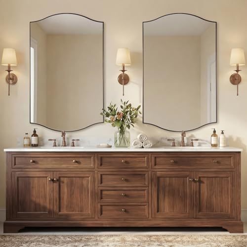 Image of ANDY STAR 30 inchx48 inch Scalloped Mirror,Brushed Bronze Rectangle Bathroom Mirror with Curved Edge Stainless Steel Metal Frame, Large Wall-Mounted Mirror for Bathroom, Entryway (Horizontal /Vertical)