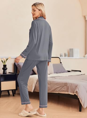 Image of Ekouaer Pajamas Women's Long Sleeve Sleepwear Soft Button Down Loungewear Pjs Lounge Set Nightwear XS-XXL