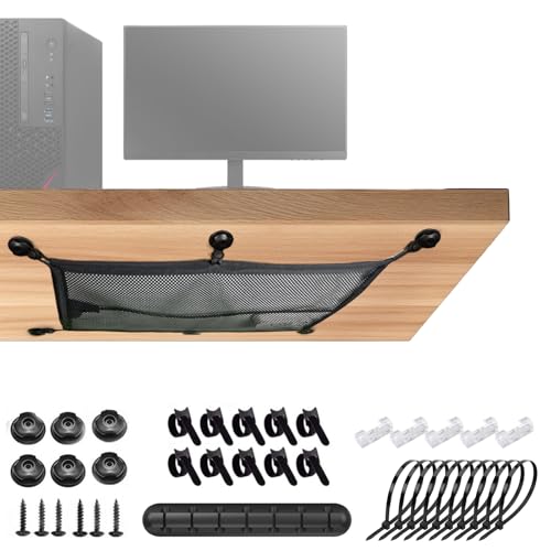 Kabelnetz Schreibtisch, 68 x 25.5cm Flexible Kabelkanal Schreibtisch Netz mit Kabelklettbänder Kabelhalter Kabelclips Kabelmanagement Aufbewahrung für Kabel Verstecken (Schwarz)