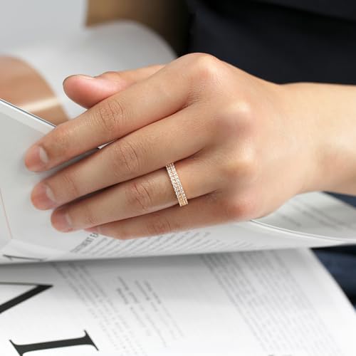 DoubleAccent 14K Rose Gold Plated Sterling Silver Ring Round CZ Stone High End 2 Row Stackable Eternity Ring (Size 5 to 9)3