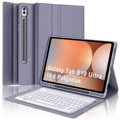 Funda Teclado para Samsung Galaxy Tab S10 Ultra 14.6", Teclado para Samsung Tab S10 Ultra/S9 Ultra, España Ñ Bluetooth Retroiluminado Desmontable Teclado Galaxy Tab S9/S10 Ultra 14.6 Pulgadas, Púrpura