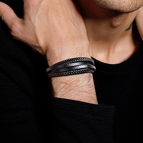 RIOSO 6 Pieces Mens Leather Bracelet Stainless Steel Multi-layer Braided Black Leather Bracelets for Men2