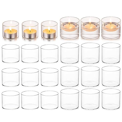 Hewory Tea Lights Candle Holder: 24 Pcs Glass Votive Candle Holders Clear Tealight Candle Holder Bulk for Wedding Centerpiece Table Decorations, Small Floating Candles Holder for Party Home Decor