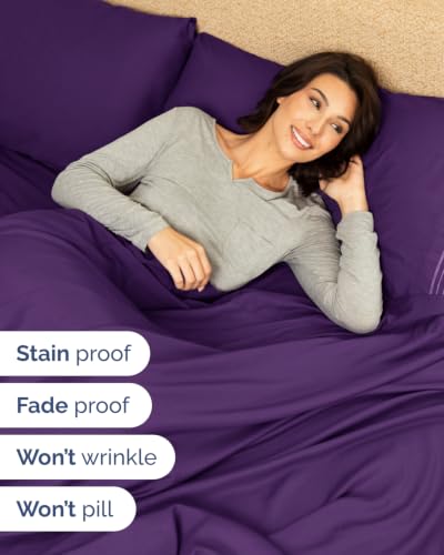 Image of Flex Top Split Head King 6 Piece Sheet Set - Breathable & Cooling - Purple | Ultra Soft Hotel Luxury Bedding Set w / 8-16 Inch Deep Pockets, 1 Flat & 1 Split-Head Fitted Sheet & 4 Pillowcases, Fade Free
