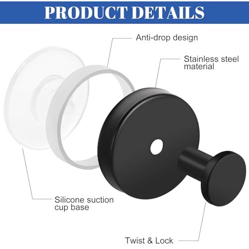 Image of Suction Cup Hooks, 4 Pack Black Stainless Steel Suction Hooks for Shower | No-Drill, Reusable Removable, Towel Hook Holders for Bathroom Kitchen, For Smooth Surfaces Like Tile, Glass, Mirror