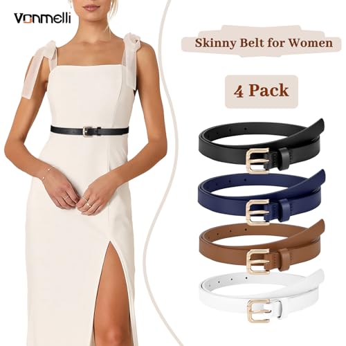 VONMELLI 4 Pack Thin belts for Women, Ladies Skinny Leather Waist Belt for Women Fashion Dress Jeans4