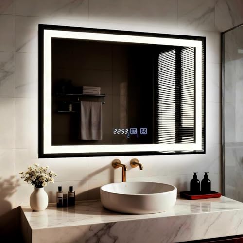 YU YUSING Espejo Baño con Luz Regulable, 80x60cm, Espejo de Pared LED con 3 Colores, Marco Metal, Espejo de Baño con Interruptor Táctil, Antivaho, Visualización Tiempo, IP44, Horizontal Negro