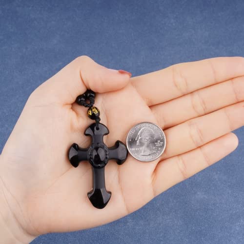 Vikcaux Cross Necklace For Men Boys Black Obsidian Cross Protection Pendant With Adjustable Bead Chain Black Beaded Cross Amulet Crystal Necklace Jewelry Gift For Women Girls #TOP6