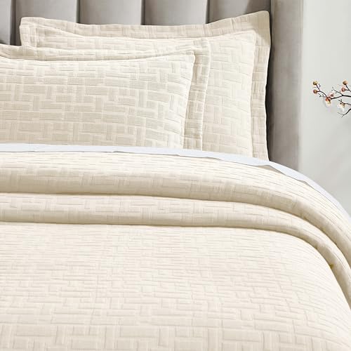 Superior 3 Piece Cotton Bedspread and Sham Set, Home Bed Decor, Decorative Bed Spread, 2 Pillow Shams, Medium Weight, Geometric Matelasse Coverlet, Bedding Essentials, Madrid Collection, King, Ivory