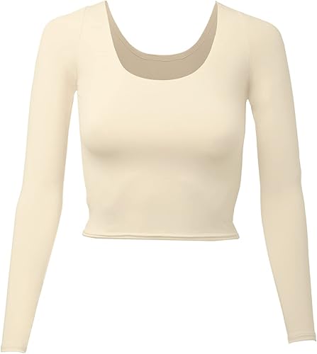 Almere Camiseta de manga larga para mujer, contorno de doble forro, sin costuras, de tela suave, con corte de cuello bajo
