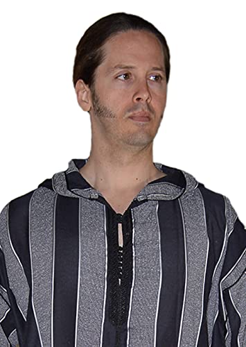 Treasures Of Morocco Moroccan Men Djellaba Handmade Hooded Caftan Black & White With Matching Embroidery Tread Thobe Loungewear African Large2