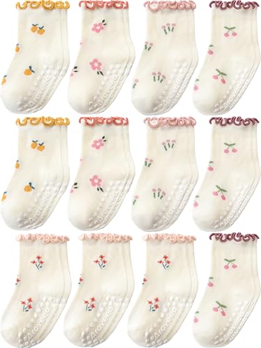 Image of Baby Toddler Girls Socks Grip Ruffle Non Slip Kids Cotton 12 Pack Socks | Premium Soft Cotton,Full Anti-Slip Grips,6 Month-7T Grippy Crew Socks for Girls,Daily School All Season Wear,Cute Ruffle Edge