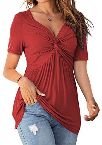 Image of Tankaneo Womens Front Knotted V-Neck Blouse T Shirt Short Sleeve Oversized Tunic Tops Summer Solid Pullover Tees