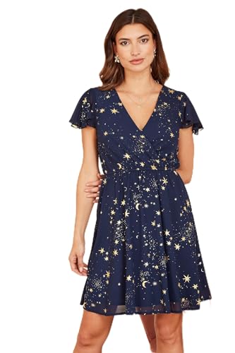 Image of Mela London Mela Navy Foil Star Print Wrap Skater Dress 18 Navy